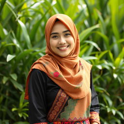 A young Indonesian woman wearing a colorful hijab, gracefully posed against a vibrant backdrop of lush greenery typical of Indonesia