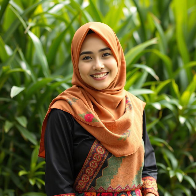 A young Indonesian woman wearing a colorful hijab, gracefully posed against a vibrant backdrop of lush greenery typical of Indonesia