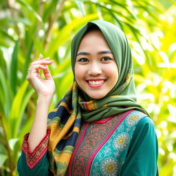 A young Indonesian woman wearing a colorful hijab, gracefully posed against a vibrant backdrop of lush greenery typical of Indonesia