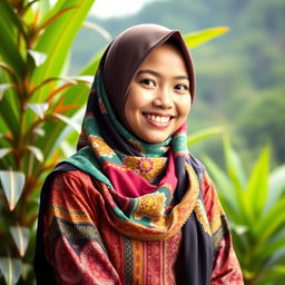 A young Indonesian woman wearing a colorful hijab, gracefully posed against a vibrant backdrop of lush greenery typical of Indonesia