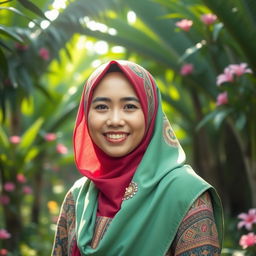 A young Indonesian woman wearing a beautiful hijab, with intricate patterns and vibrant colors