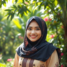 A young Indonesian woman wearing a beautiful hijab, with intricate patterns and vibrant colors