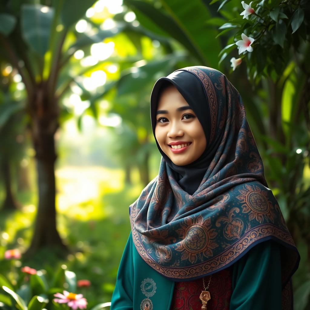 A young Indonesian woman wearing a beautiful hijab, with intricate patterns and vibrant colors