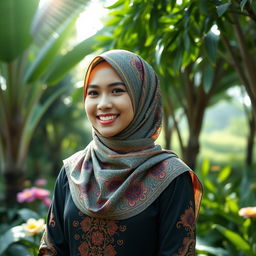 A young Indonesian woman wearing a beautiful hijab, with intricate patterns and vibrant colors