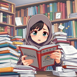 An anime-style depiction of a very busy girl wearing a hijab, surrounded by stacks of books and papers, highlighting her hectic but determined demeanor