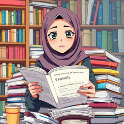 An anime-style depiction of a very busy girl wearing a hijab, surrounded by stacks of books and papers, highlighting her hectic but determined demeanor