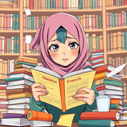 An anime-style depiction of a very busy girl wearing a hijab, surrounded by stacks of books and papers, highlighting her hectic but determined demeanor