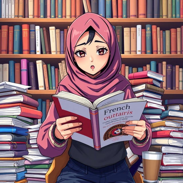 An anime-style depiction of a very busy girl wearing a hijab, surrounded by stacks of books and papers, highlighting her hectic but determined demeanor