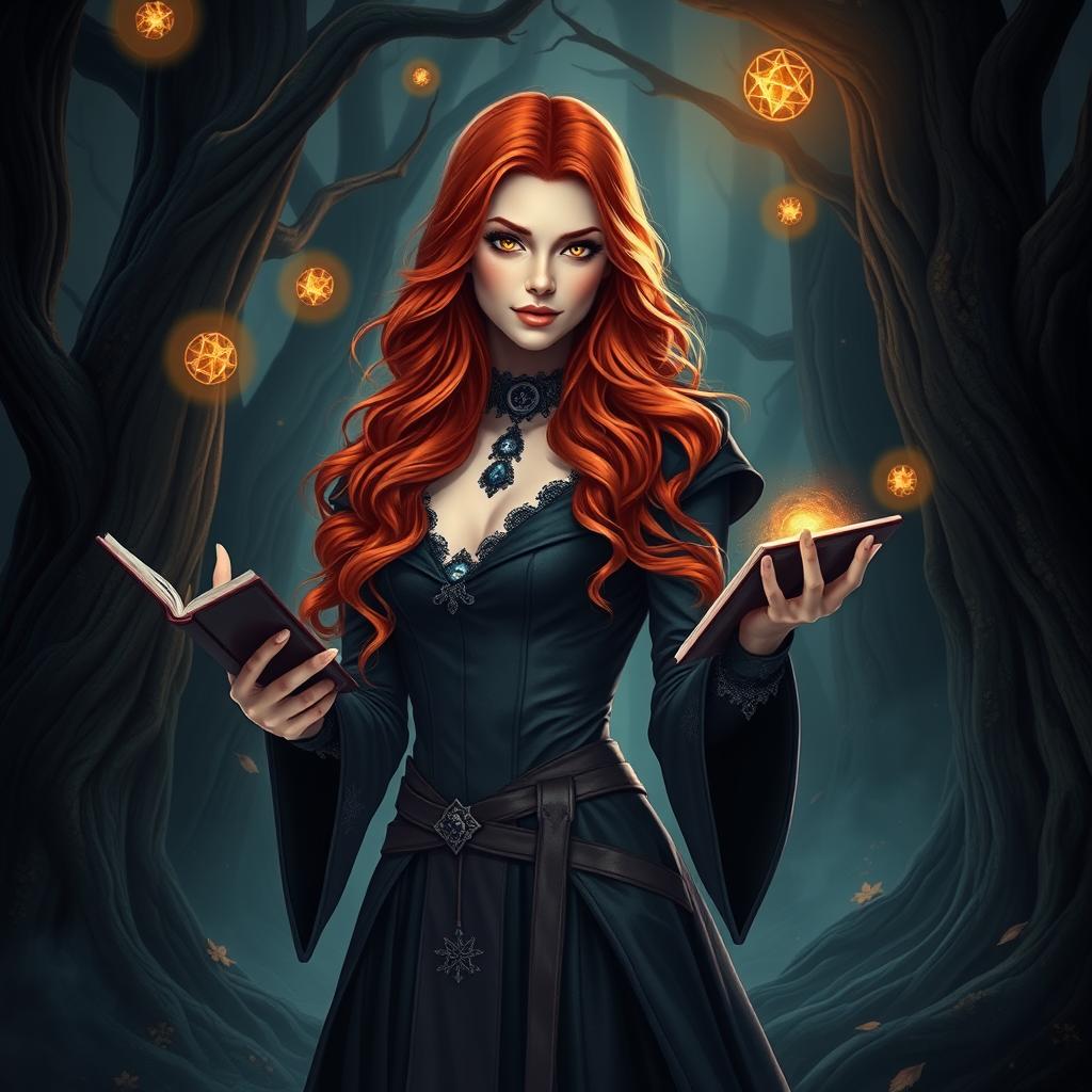 A stunning red haired sorceress with long wavy hair and captivating amber eyes, dressed in elegant dark clothing adorned with mystical symbols