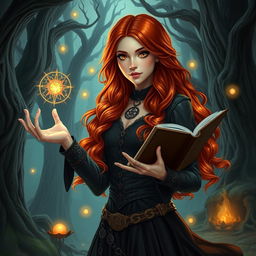 A stunning red haired sorceress with long wavy hair and captivating amber eyes, dressed in elegant dark clothing adorned with mystical symbols