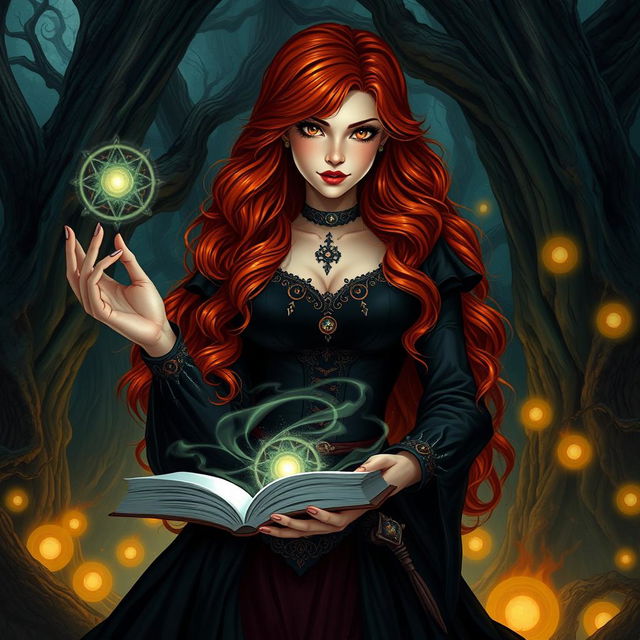 A stunning red haired sorceress with long wavy hair and captivating amber eyes, dressed in elegant dark clothing adorned with mystical symbols