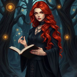 A stunning red haired sorceress with long wavy hair and captivating amber eyes, dressed in elegant dark clothing adorned with mystical symbols