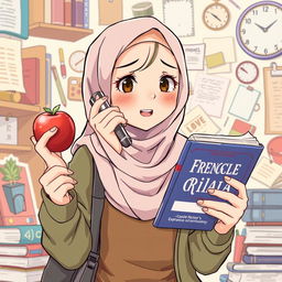 An anime-style illustration of a very busy girl wearing a hijab, multitasking with an apple in one hand and a French book in the other