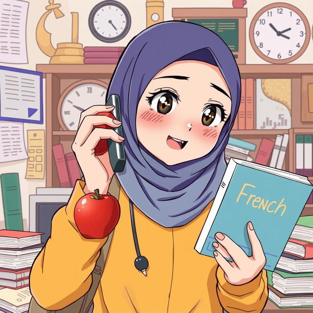 An anime-style illustration of a very busy girl wearing a hijab, multitasking with an apple in one hand and a French book in the other