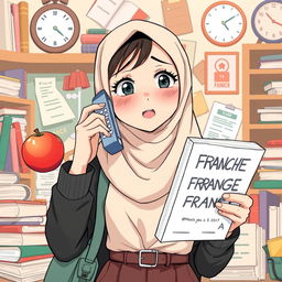 An anime-style illustration of a very busy girl wearing a hijab, multitasking with an apple in one hand and a French book in the other