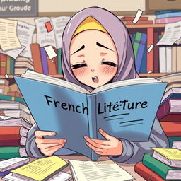 An anime-style illustration of a hijabi girl who is extremely busy, deeply engrossed in reading a book titled 'French Littérature'