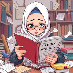 An anime-style illustration of a hijabi girl who is extremely busy, deeply engrossed in reading a book titled 'French Littérature'