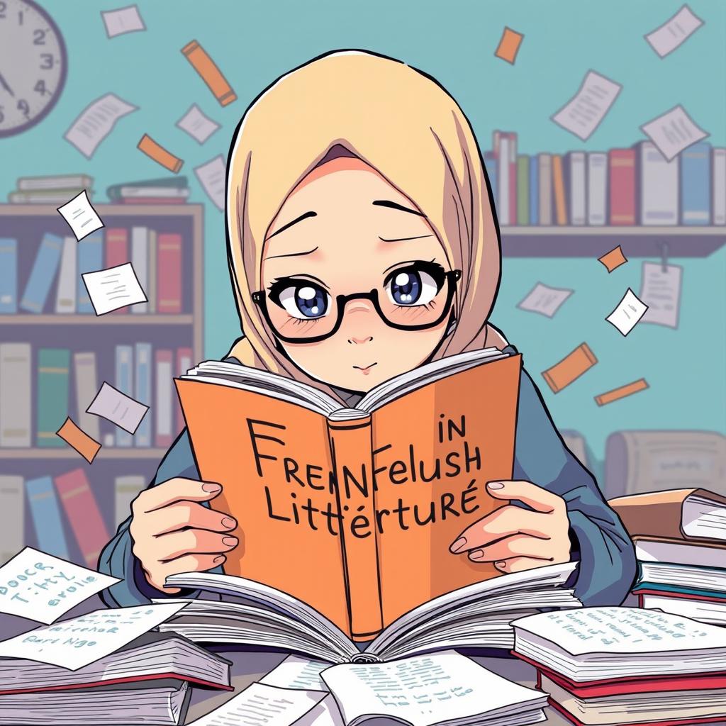 An anime-style illustration of a hijabi girl who is extremely busy, deeply engrossed in reading a book titled 'French Littérature'