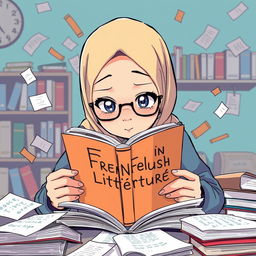 An anime-style illustration of a hijabi girl who is extremely busy, deeply engrossed in reading a book titled 'French Littérature'