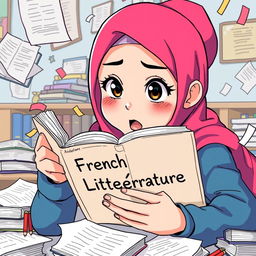 An anime-style illustration of a hijabi girl who is extremely busy, deeply engrossed in reading a book titled 'French Littérature'