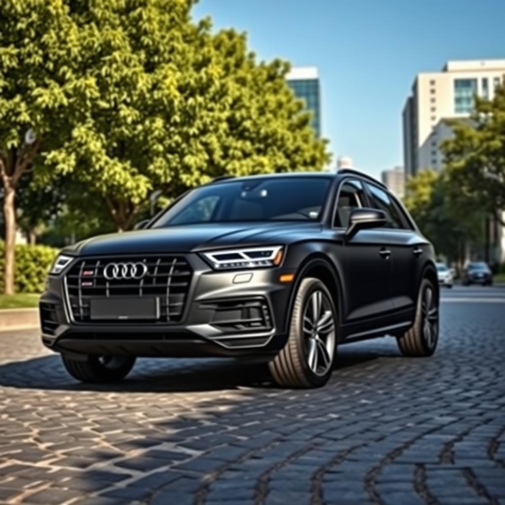 A sleek black matte Audi Q5 parked on a cobblestone street, showcasing its modern design and sporty silhouette