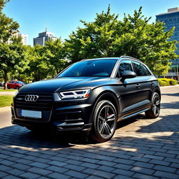 A sleek black matte Audi Q5 parked on a cobblestone street, showcasing its modern design and sporty silhouette