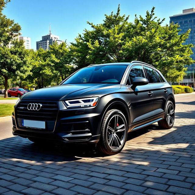 A sleek black matte Audi Q5 parked on a cobblestone street, showcasing its modern design and sporty silhouette