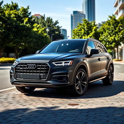 A sleek black matte Audi Q5 parked on a cobblestone street, showcasing its modern design and sporty silhouette