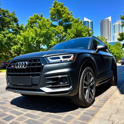 A sleek black matte Audi Q5 parked on a cobblestone street, showcasing its modern design and sporty silhouette