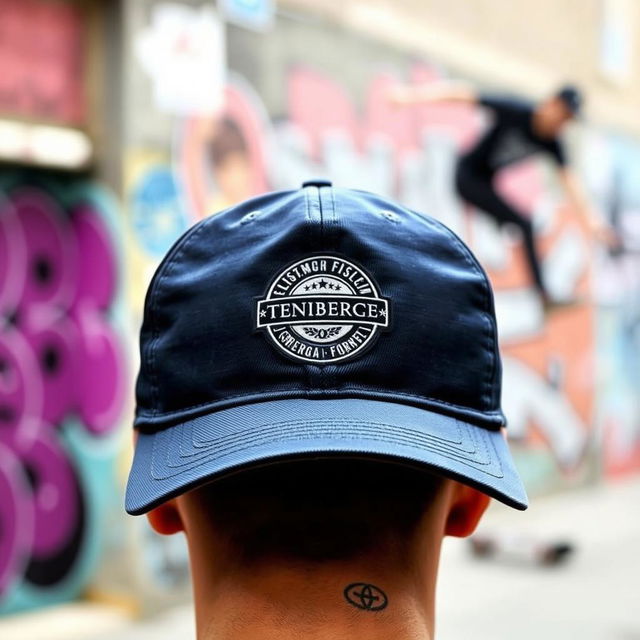 A stylish baseball cap worn facing forward, showcasing an intricate embroidered design featuring a vintage logo