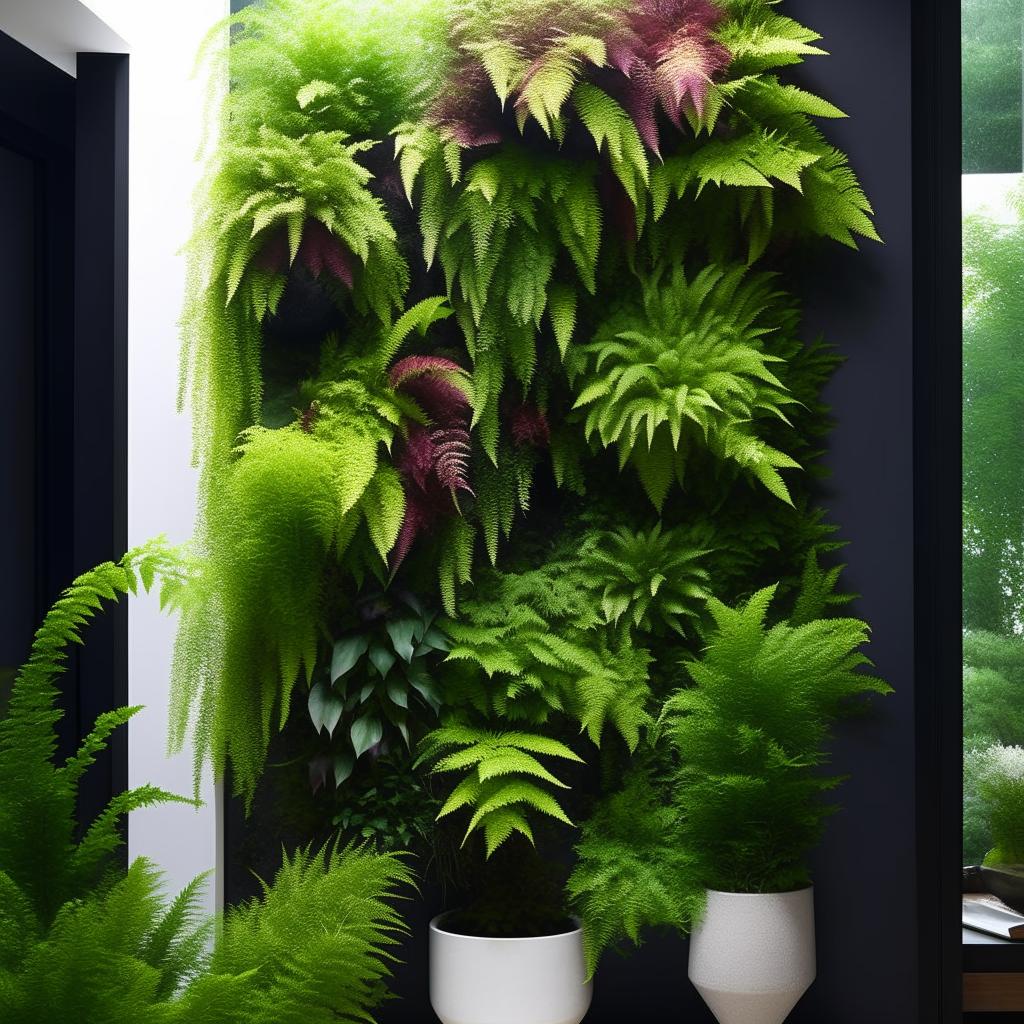 A lush, verdant vertical garden flourishing with a variety of foliage, ferns, and flowering plants, designed for a specific space with optimal sunlight, and complemented by modern, minimalistic accessories.