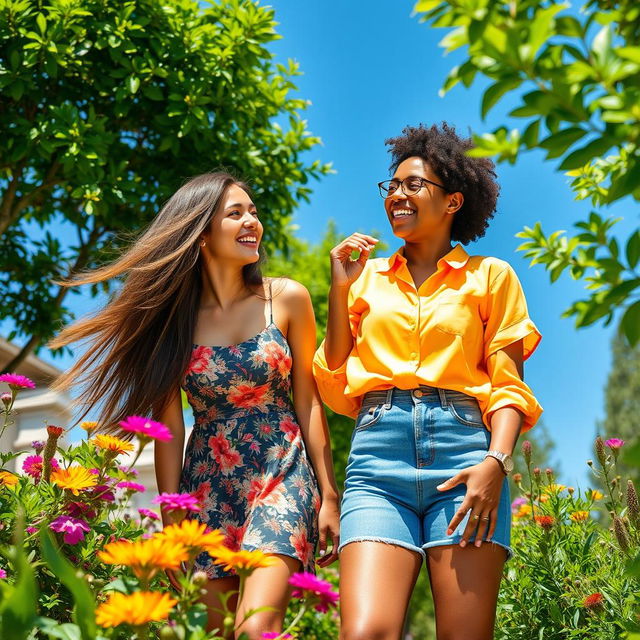 A vibrant and lively outdoor scene featuring two women at the center, surrounded by lush greenery and colorful flowers