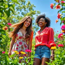 A vibrant and lively outdoor scene featuring two women at the center, surrounded by lush greenery and colorful flowers