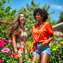 A vibrant and lively outdoor scene featuring two women at the center, surrounded by lush greenery and colorful flowers