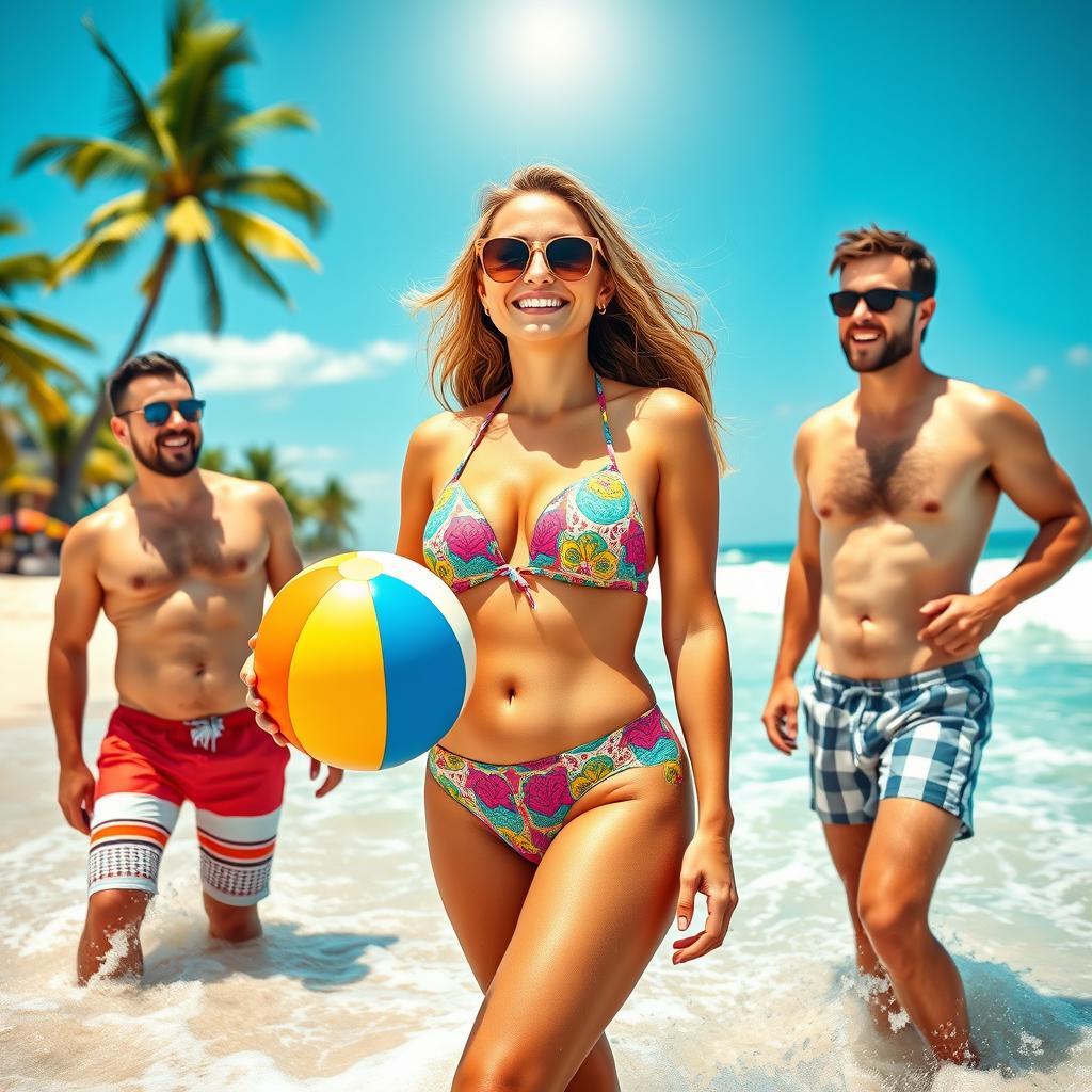 A playful and whimsical scene featuring a confident wife wearing a colorful bra and two-piece bikini, exuding joy and summer vibes