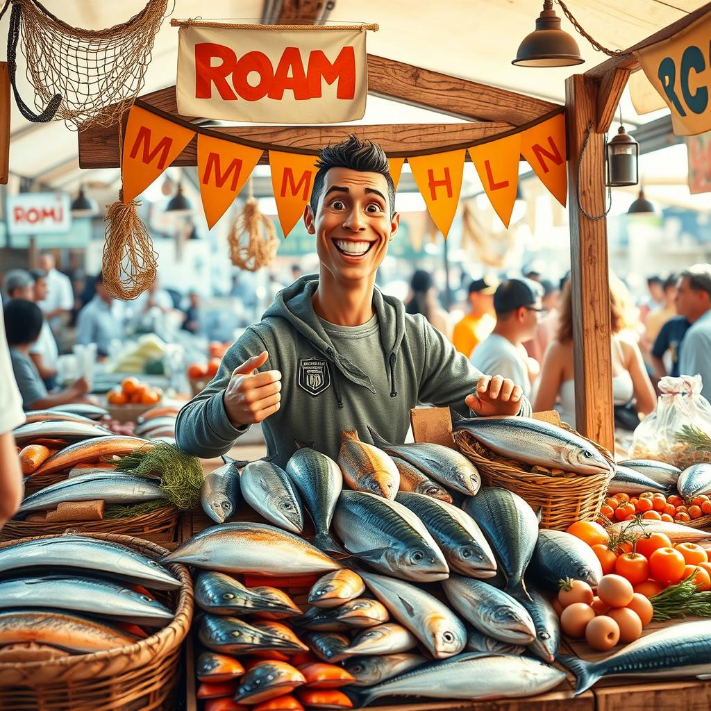 A humorous and imaginative scene featuring Cristiano Ronaldo in a lively fish market