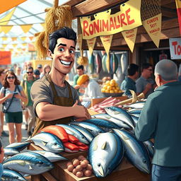 A humorous and imaginative scene featuring Cristiano Ronaldo in a lively fish market