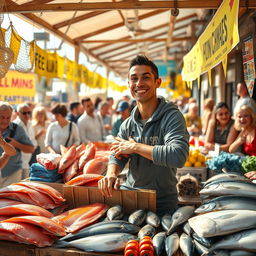 A humorous and imaginative scene featuring Cristiano Ronaldo in a lively fish market