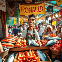 A humorous and imaginative scene featuring Cristiano Ronaldo in a lively fish market