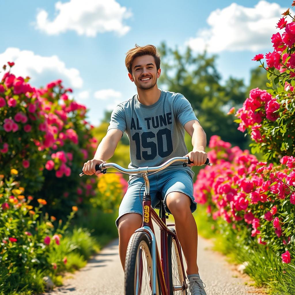 A young adult male riding a vintage bicycle down a picturesque path surrounded by vibrant blooming flowers and lush green trees