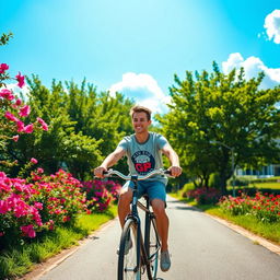 A young adult male riding a vintage bicycle down a picturesque path surrounded by vibrant blooming flowers and lush green trees