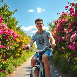 A young adult male riding a vintage bicycle down a picturesque path surrounded by vibrant blooming flowers and lush green trees