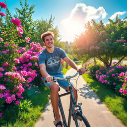 A young adult male riding a vintage bicycle down a picturesque path surrounded by vibrant blooming flowers and lush green trees