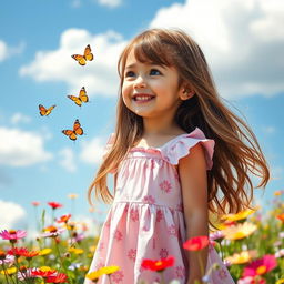 A cute girl with long, flowing brown hair, wearing a pastel pink sundress adorned with floral patterns