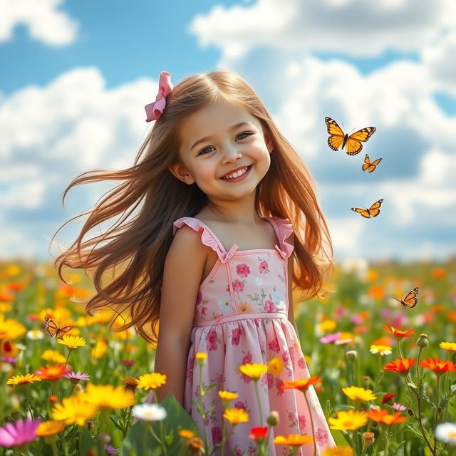 A cute girl with long, flowing brown hair, wearing a pastel pink sundress adorned with floral patterns