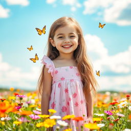A cute girl with long, flowing brown hair, wearing a pastel pink sundress adorned with floral patterns