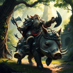 A formidable dwarf warrior clad in intricate, ornate armor, riding a massive, heavily armored pig through a mystical forest setting