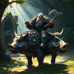 A formidable dwarf warrior clad in intricate, ornate armor, riding a massive, heavily armored pig through a mystical forest setting