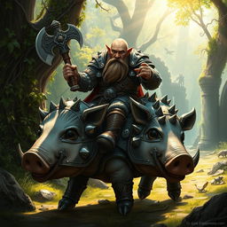 A formidable dwarf warrior clad in intricate, ornate armor, riding a massive, heavily armored pig through a mystical forest setting