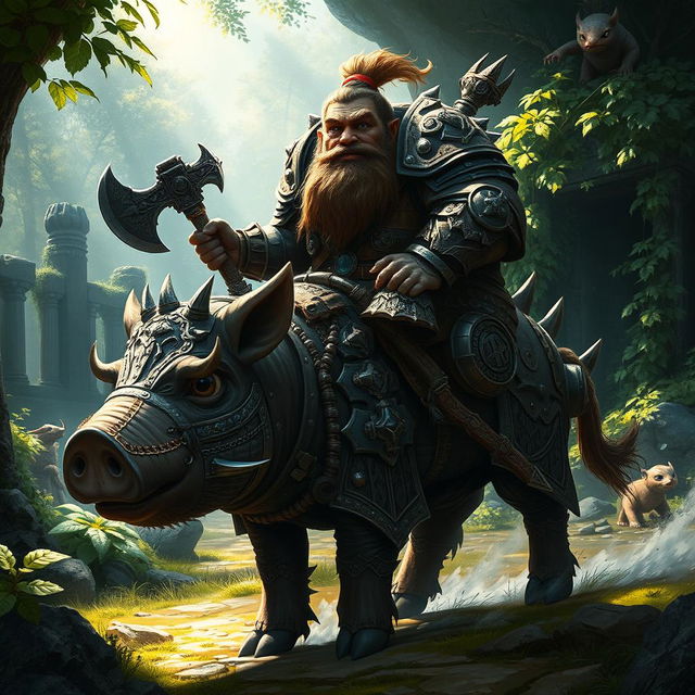 A formidable dwarf warrior clad in intricate, ornate armor, riding a massive, heavily armored pig through a mystical forest setting